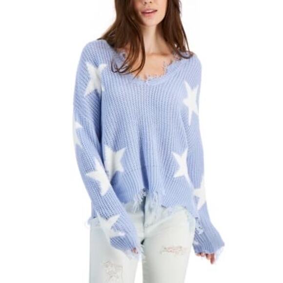 Polly & Esther Star Baby Blue Raw Hem Distressed Knitted V-neck Sweater Size XL - Picture 2 of 13